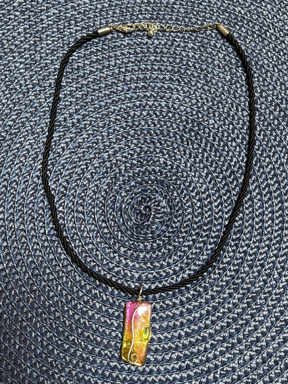 Iridescent Pink-Gold Glass Pendant Necklace on Black Cord
